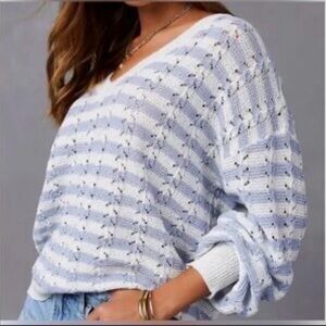 Fate Women's Light Blue and Cream V-Neck Sweater